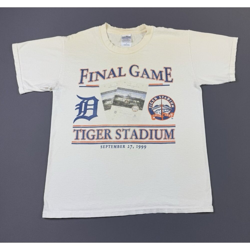 Rare Vintage 90s Detroit Tigers Baseball MLB Final Game Stadium White Shirt Art
